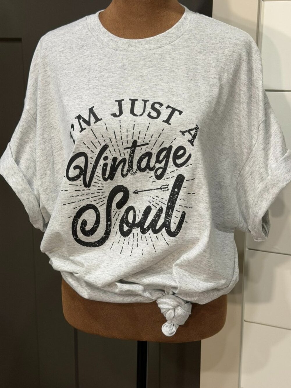 Gildan DryBlend Tee – XL – “I’m Just a Vintage Soul” Heather Light Gray